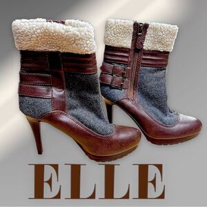 Women's Elle Ankle Gray & Brown Boots - Faux Fur Trim High Heel Sz. 8